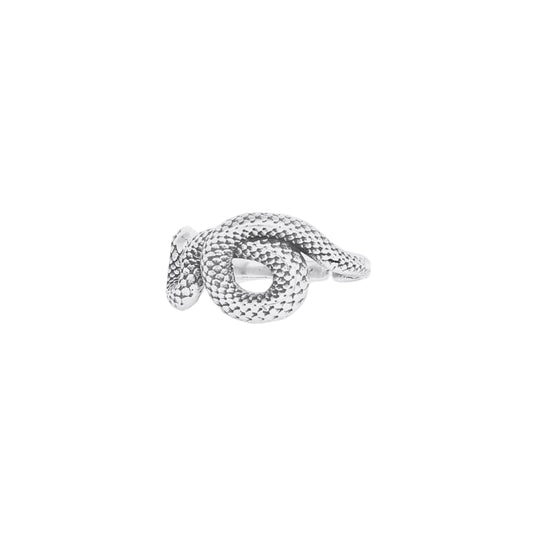An adjustable silver ring designed to resemble a snake, with a textured surface and a loop at the top for adjustability.