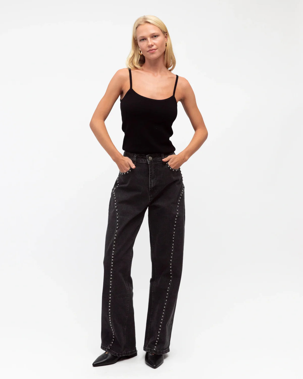 Paper Heart Contrasting Stud Denim Pants Charcoal